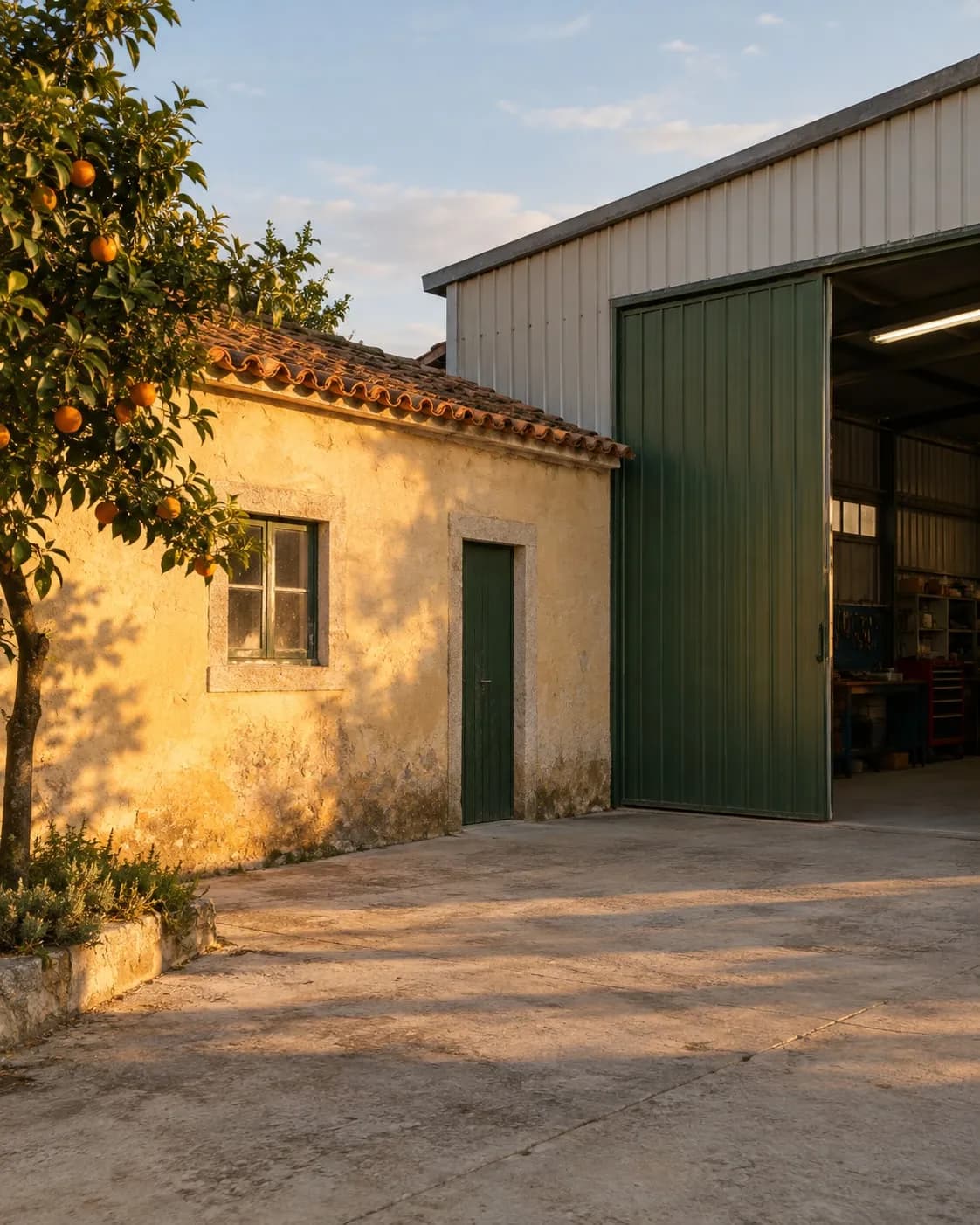 A fachada de uma oficina antiga à luz quente do fim da tarde, com o portão aberto