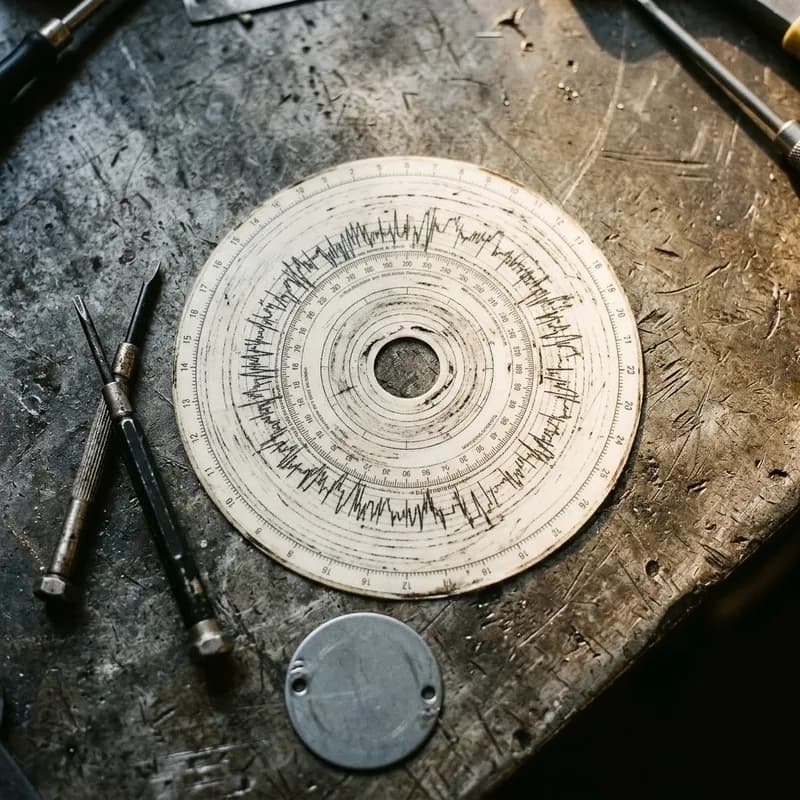 Um disco de tacógrafo analógico usado numa bancada