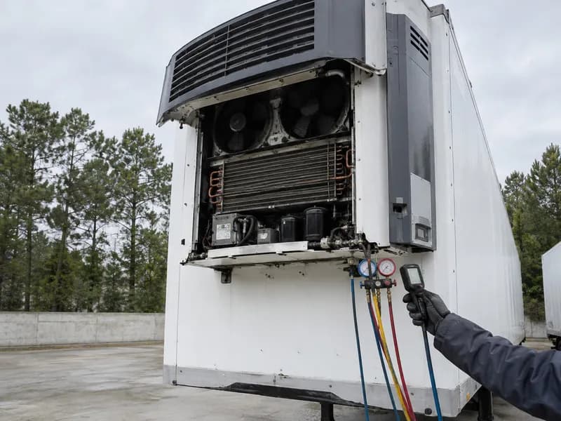 O equipamento de frio na frente de um semirreboque frigorífico branco
