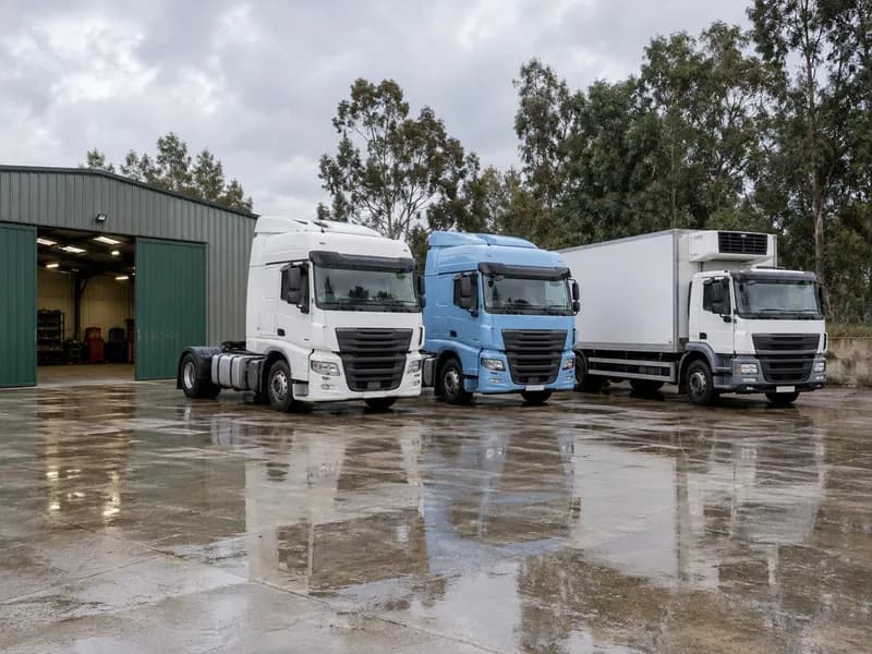 Camiões estacionados num parque de betão largo sob céu nublado
